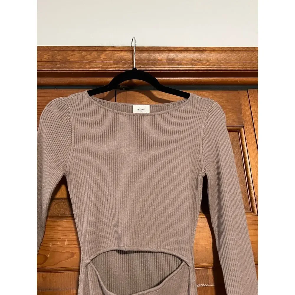 Wilfred Aritzia Women's Cutout Knit Longsleeve Mini Dress Nomad Taupe Size S